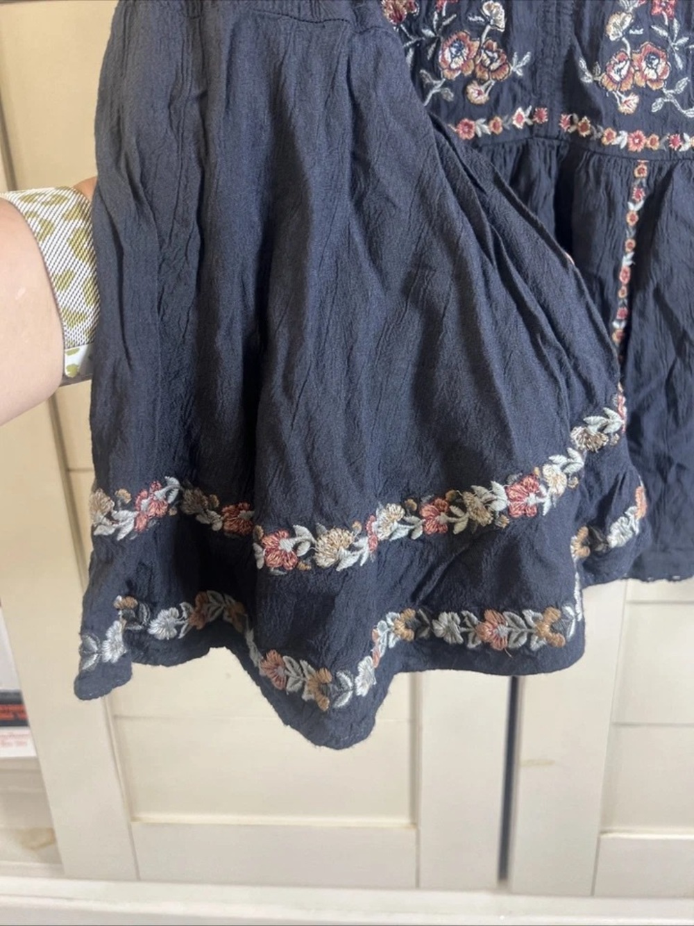 American Eagle Outfitters Navy Blue Floral Embroidered Peasant Blouse - Picture 3 of 10